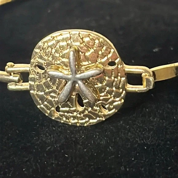 Gold Tone and Silver Hammered Sand Dollar Hook Bangle Bracelet - Picture 5 of 5